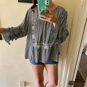 Gingham Embroidered Blouse